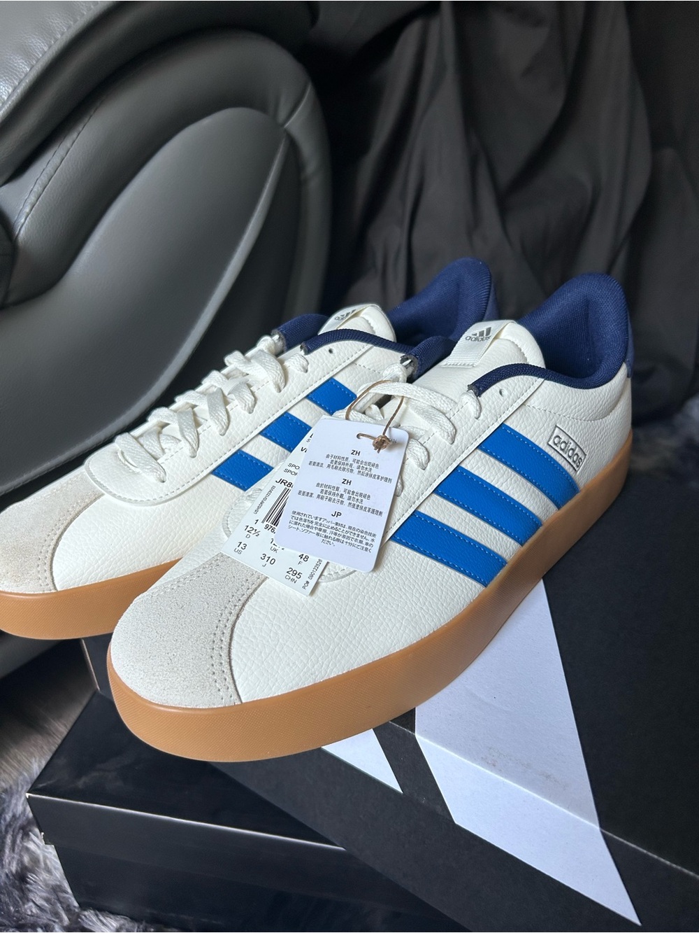 adidas White Leather Sneakers with Blue Stripes and Gum Sole